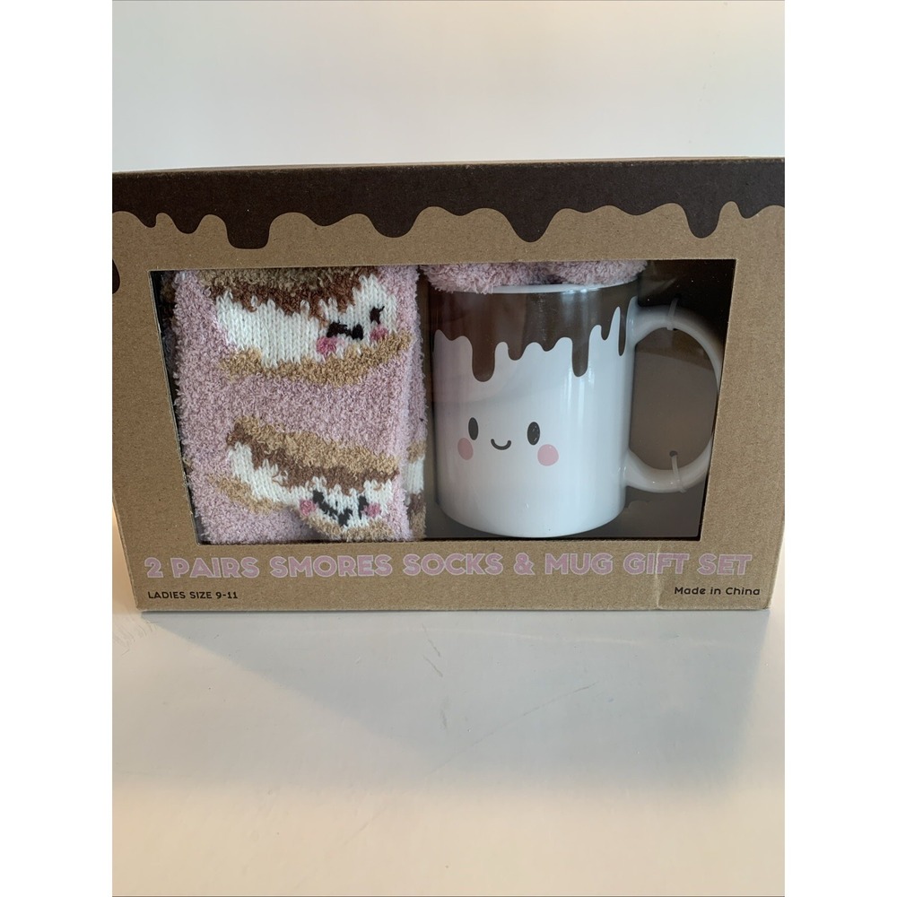 2 Pairs Of Slipper Socks And S'mores Ceramic‎ Mug In Gift Box  Ladies Size 9-11